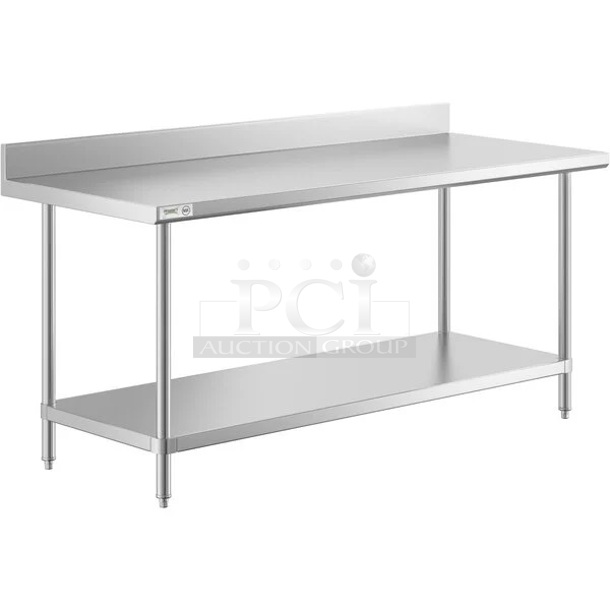BRAND NEW SCRATCH AND DENT! Regency 600ES3072G 16-Gauge Stainless Steel Commercial Work Table with 4" Backsplash and Undershelf. Stock Picture Used as Gallery.