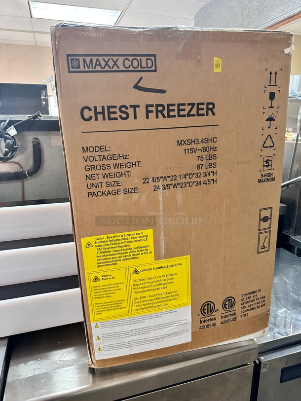 New In Sealed Box MaxxCold MXSH3.4SHC Maxx Cold Chest Freezer 3.4 Cu. Ft. 11.2°F To -1°F Temperature Range 115 Volt 