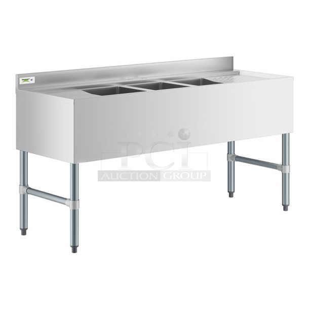 BRAND NEW SCRATCH AND DENT! Regency 600B32160213 Stainless Steel Commercial 3 Bay Back Bar Sink w/ Dual Drain Boards. Bays 10x14. Drain Boards 11x15