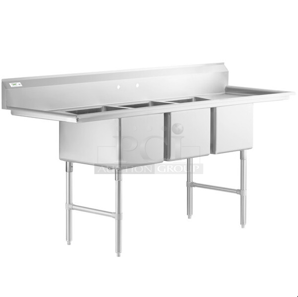 BRAND NEW SCRATCH AND DENT! Regency 600S31824218 94" 16-Gauge Stainless Steel Three Compartment Commercial Sink with 2 Drainboards - 18" x 24" x 14" Bowls. No Legs. 