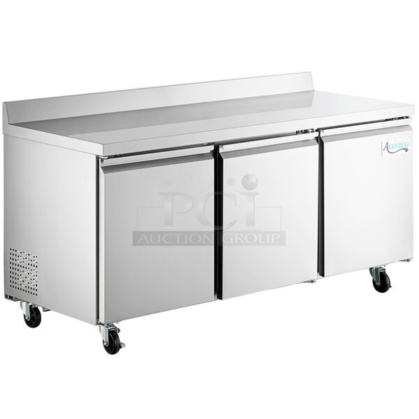 BRAND NEW SCRATCH AND DENT! 2023 Avantco 178SSWT72RHC SS-WT-72R-HC Stainless Steel Commercial 72" Three Door Worktop Refrigerator with 3 1/2" Backsplash on Commercial Casters. 115 Volts, 1 Phase. Tested and Working!