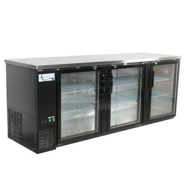 BRAND NEW SCRATCH AND DENT! 2023 Avantco 178UBB4GHC 90" Black Counter Height Glass Door Back Bar Refrigerator with LED Lighting. 115 Volts, 1 Phase. Tested and Working!