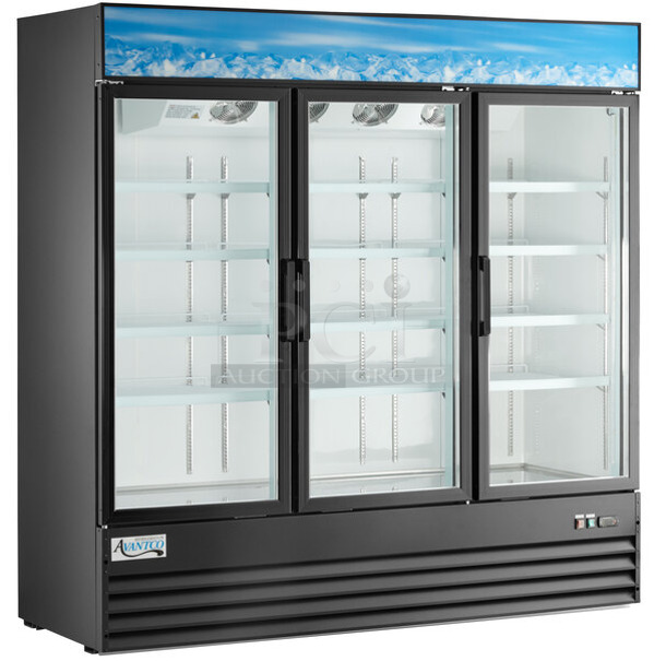 BRAND NEW SCRATCH AND DENT! 2024 Avantco 178GDC69HCB Metal Commercial 78 1/4" Black Customizable Swing Glass Door Merchandiser Refrigerator with LED Lighting. 115 Volts, 1 Phase. Tested and Working!