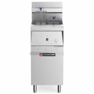 BRAND NEW SCRATCH AND DENT! 2023 Cookline CF-40E-240-3 Stainless Steel Commercial Floor Style Electric Powered Deep Fat Fryer. 240 Volts, 3 Phase. 