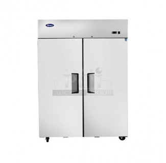 BRAND NEW SCRATCH AND DENT! 2024 Atosa Model MBF8002GR Stainless Steel Commercial 2 Door Reach In Freezer w/ Poly Coated Racks on Commercial Casters. 115 Volts, 1 Phase. 