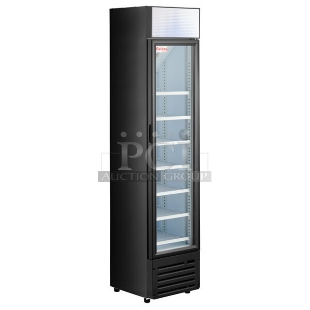 BRAND NEW SCRATCH AND DENT! Galaxy 177GDN5RBB Metal Commercial 16 1/2" Black Swing Glass Door Merchandiser Refrigerator with Red, White, and Blue LED Lighting. 115 Volts, 1 Phase. 