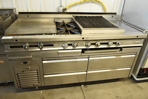 Jade Range Stainless Steel Commercial Gas Powered Flat Top Griddle w/ 2 Burner Range, Charbroiler Grill and 4 Drawer Chef Base on Commercial Casters.  