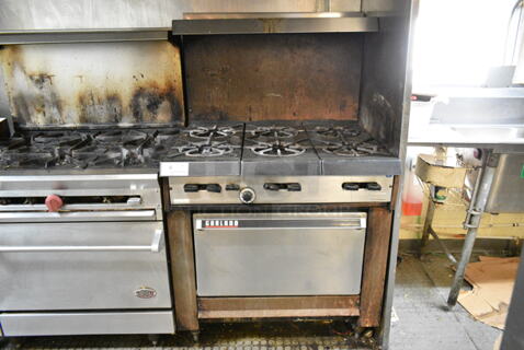 Garland Metal Commercial Gas Powered 6 Burner Range w/ Oven, Over Shelf and Back Splash. (kitchen)