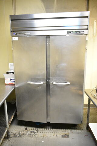 Beverage Air ER48-1AS Stainless Steel Commercial 2 Door Reach In Cooler w/ Poly Coated Racks on Commercial Casters. 115 Volts, 1 Phase. (kitchen)