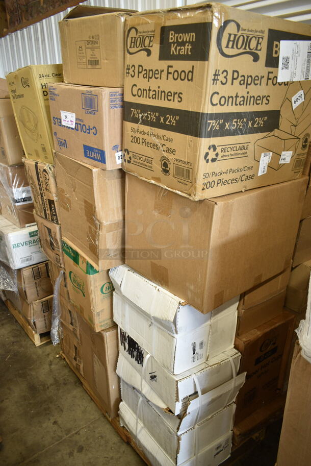 PALLET LOT of 30 BRAND NEW Boxes Including 795PTOKFT3 Choice Kraft Microwavable Folded Paper #3 Take-Out Container 7 3/4" x 5 1/2" x 2 1/2" - 200/Case, 128HD8BULK ChoiceHD 8 oz. Microwavable Translucent Plastic Deli Container - 480/Case, 2 Box 5008W Choice 8 oz Paper Hot Cups, 5 Box 502404816CL Lavex 40-45 Gallon 16 Micron 40" x 48" High Density Janitorial Can Liner / Trash Bag - 250/Case, 3 Box 128HD16BULK ChoiceHD 16 oz. Microwavable Translucent Plastic Deli Container - 480/Case, 128HD12COMBO ChoiceHD 12 oz. Microwavable Translucent Plastic Deli Container and Lid Combo Pack - 240/Case, 127CH24 Choice 24 oz. Clear RPET Hinged Deli Container - 200/Case, 500CFT Lavex White C-Fold Standard Weight Towel - 2400/Case, QHXR050 Tuxton Ramekins, 395RP07 EcoChoice Compostable Sugarcane / Bagasse 7" Plate - 1000/Case, 9PWCR Dart Plates, CCP-9-SQ 9 oz Squat Cold Cups, 2 Box 394EN502M Noble Products Powder-Free Disposable Blue Exam Grade Nitrile 4 Mil Thick Textured Gloves - Medium - 1000/Case, 966UPWIDEKFT 2-Ply Wide Interfold 6 1/2" x 8 1/2" Dispenser Napkin, Choice 16 oz Cups. 30 Times Your Bid!