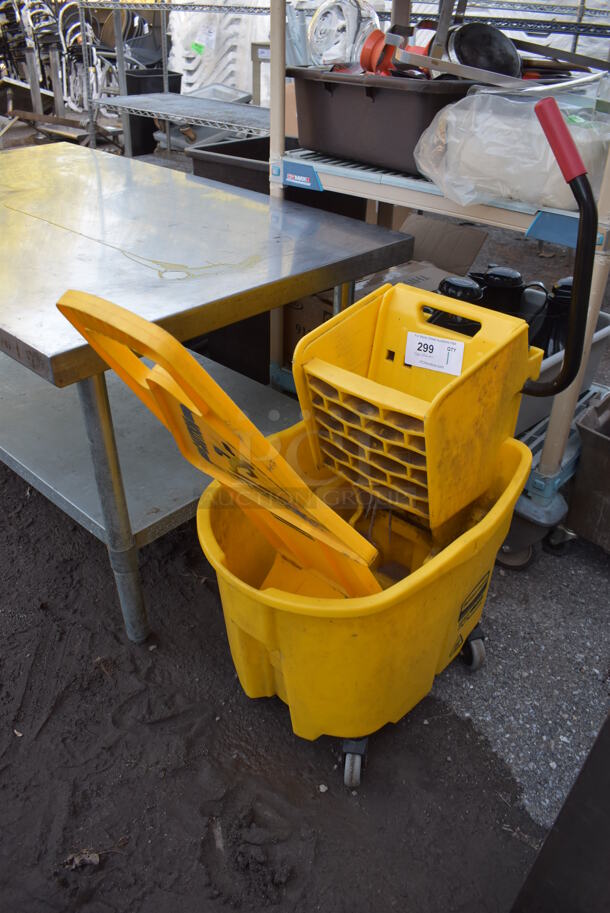 Rubbermaid Yellow Poly Mop Bucket w/ Wringing Attachment and Wet Floor Caution Sign on Commercial Casters. 15x24x36