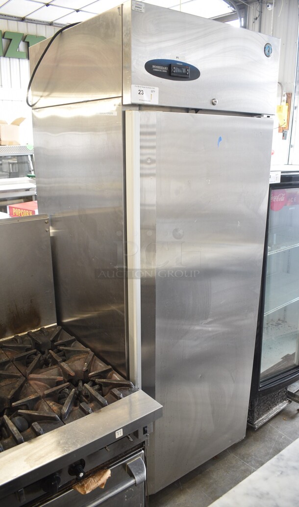 2017 Hoshizaki CF1S-FS Stainless Steel Commercial Single Door Reach In Freezer w/ Poly Coated Racks on Commercial Casters. 115 Volts, 1 Phase. Tested and Working!