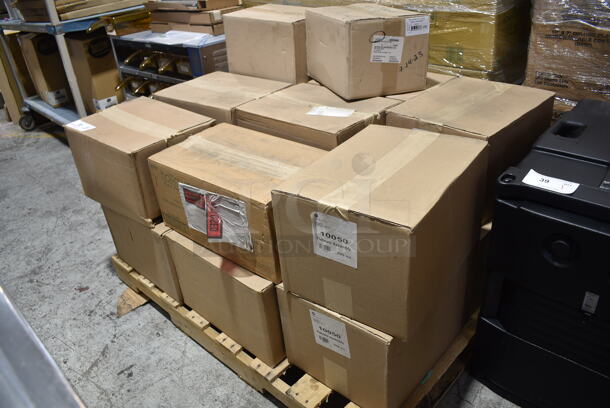 PALLET LOT of 17 BRAND NEW! Boxes Including Hoffmaster 856787 8.5 in x 4.25 in Linen-Like Kraft Guest Towels 500 ct, Rak 3500015TC Stolzle Double Old Fashioned Glass. 17 Times Your Bid! 