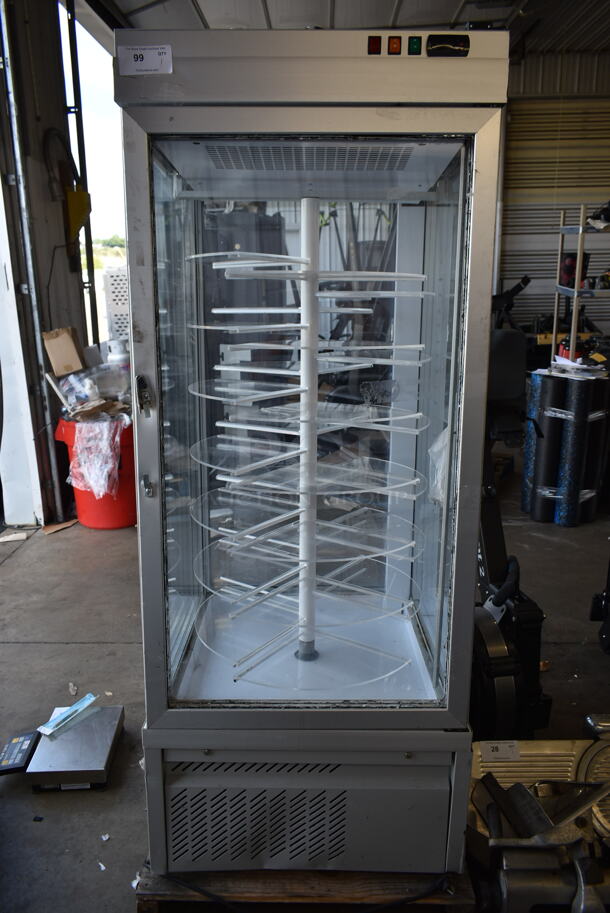 Tekna 8400 NFN Metal Commercial 4 Sided Cooler Merchandiser w/ Round Shelves. See Pictures For Broken Glass Pane. 220 Volts, 1 Phase.