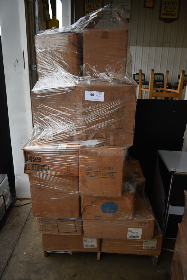 PALLET LOT of Approximately 25 Various Boxes of BRAND NEW Dishes Including Glasses and Mugs.