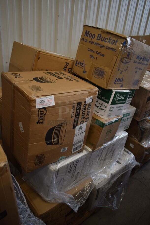 PALLET LOT of 21 BRAND NEW Boxes Including Choice Take Out Container, Tellus 433470 Bowls, 50012DWALLW Choice 12 oz. White Smooth Double Wall Paper Hot Cup - 500/Case, 760IC12G Choice 12 oz. Green Paper Frozen Yogurt / Food Cup - 1000/Case, 3 Box Choice 1.5 oz Portion Cups,  795PTOKFT1 Choice 4 5/8" x 3 1/2" x 2 1/2" Kraft Microwavable Folded Paper #1 Take-Out Container - 450/Case, 3 Box Medium Weight Cutlery Sets, 5002BNAPWH Choice 2-Ply White Beverage / Cocktail Napkin - 3000/Case, 394360M Noble Products Powdered Disposable Vinyl Gloves for Foodservice - 1000/Case, 395TO961 EcoChoice 9" x 6" x 3" Compostable Sugarcane / Bagasse 1 Compartment Take-Out Container - 200/Case, 274MOPBCKTYE Lavex 35 Qt. Yellow Mop Bucket & Side Press Wringer Combo. 21 Times Your Bid! 