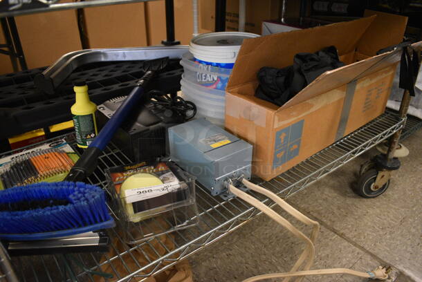 ALL ONE MONEY! Tier Lot of Various Items Including Wheel Polisher, Brush, Poly Bins and Pencils