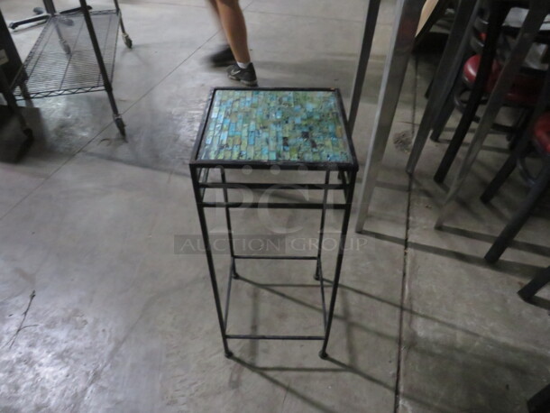 One Black Metal Table With Turquoise Inlay.  11X11X26