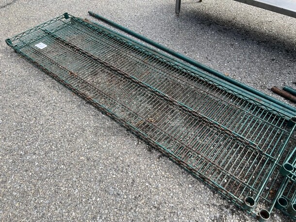 ALL ONE MONEY! Lot of 2 Green Finish Shelves and 4 Green Finish Poles! 72x21x1.5, 73"