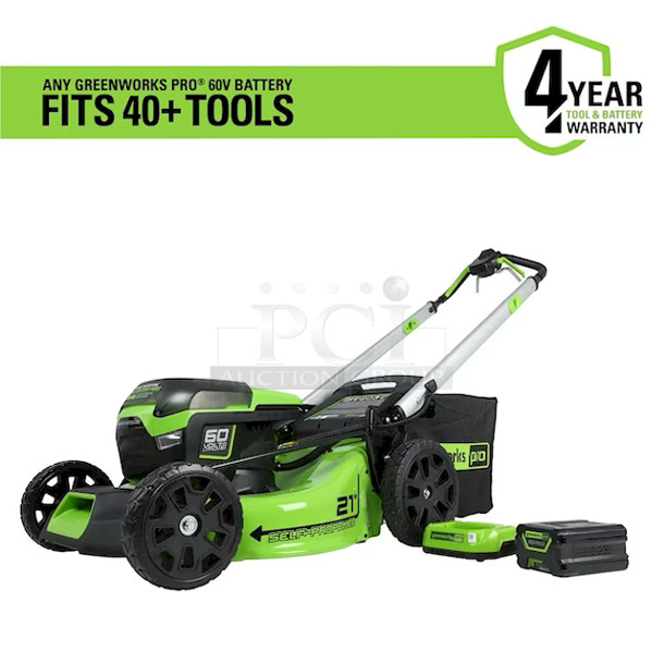 Greenworks Pro 60V 21" Cordless Self-Propelled Lawn Mower w/ 4-in-1 Mowing Capability & Dual-Port Automatic Battery Switchover. Includes Battery & Charger. 
