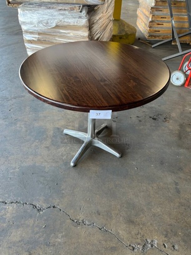 BEAUTIFUL! BRAND NEW! Full Wood Walnut Finish Round Wooden 36" Dining Table! 1 1/4" Thick Top! With Polished Metal Base!