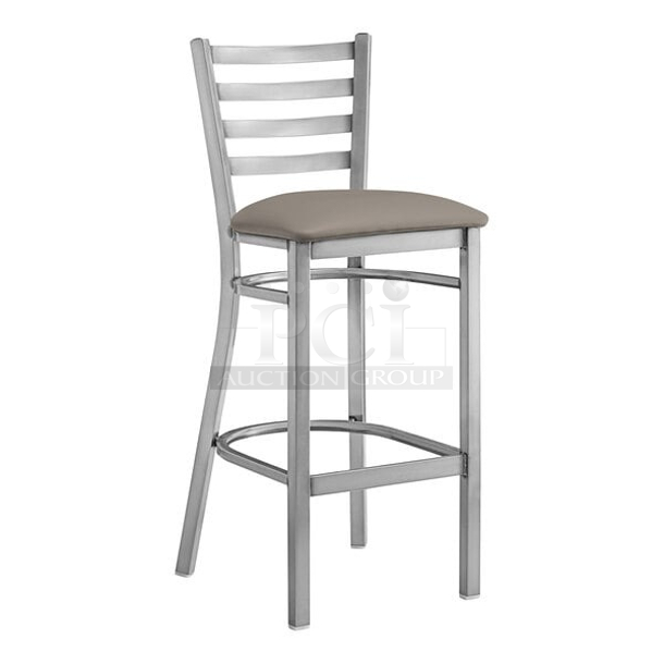 BRAND NEW SCRATCH & DENT! Lancaster Table & Seating 164BMLCVDGAS Clear Coat Finish Ladder Back Bar Stool with 2 1/2" Dark Gray Vinyl Padded Seat - Assembled. 11x Your Bid