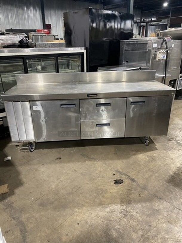 Delfield 84" Inch All Stainless Steel Work Top Lowboy Cooler! With 2 Draws And 2 Doors! With Raised Back Splash! 115V 1 Phase! On Casters!