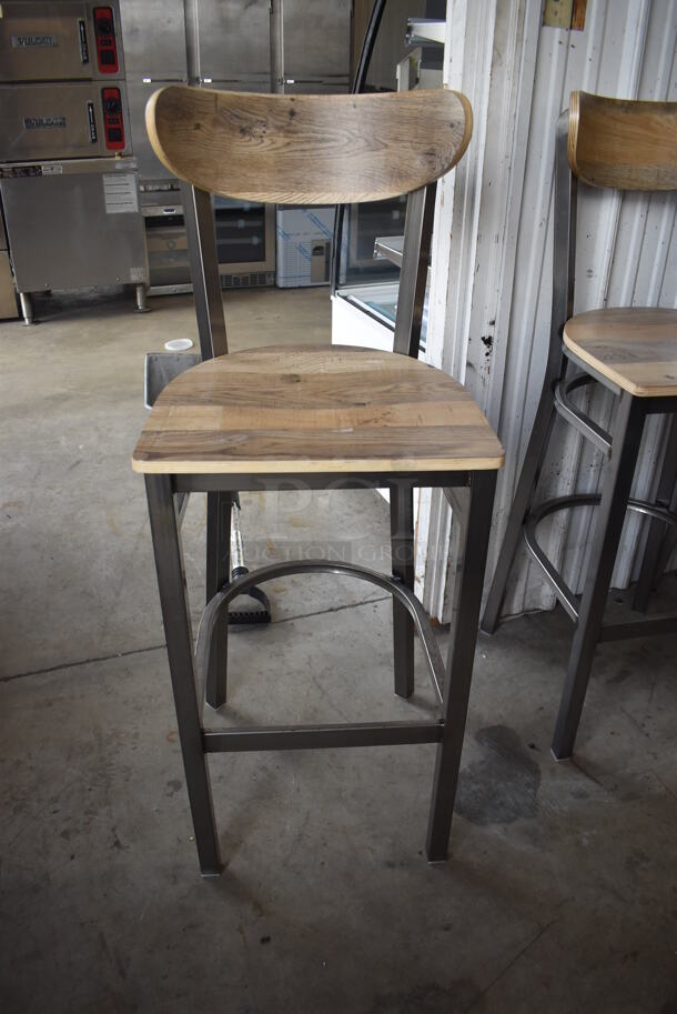 4 Wooden Bar Height Chairs on Gray Metal Frame. Stock Picture - Cosmetic Condition May Vary. 4 Times Your Bid!