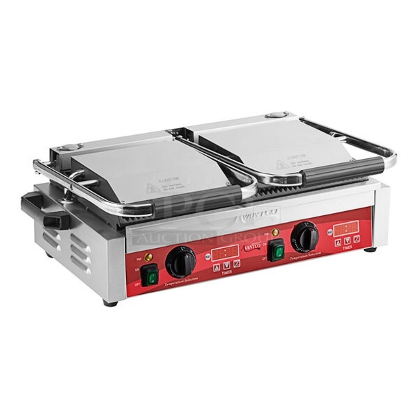 BRAND NEW SCRATCH AND DENT! Avantco PG400T 177PG4001 Commercial Dual Panini Sandwich Grill with Timer, Grooved Plates, and 19 5/8" x 9 1/8" Cooking Surface. 120 Volts, 1 Phase. Tested and Working!
