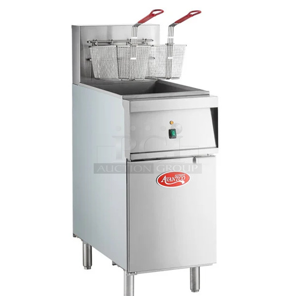 BRAND NEW SCRATCH AND DENT!  2022 Avantco 177EF40B Stainless Steel Commercial Floor Style Electric Powered Deep Fat Fryer w/ 2 Metal Fry Baskets. 208 Volts, 1 Phase. 