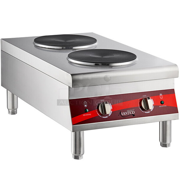 BRAND NEW SCRATCH AND DENT! Avantco 177CER200 Stainless Steel Commercial Countertop Electric Powered 2 Burner French Style Range. 240 Volts, 1 Phase. 