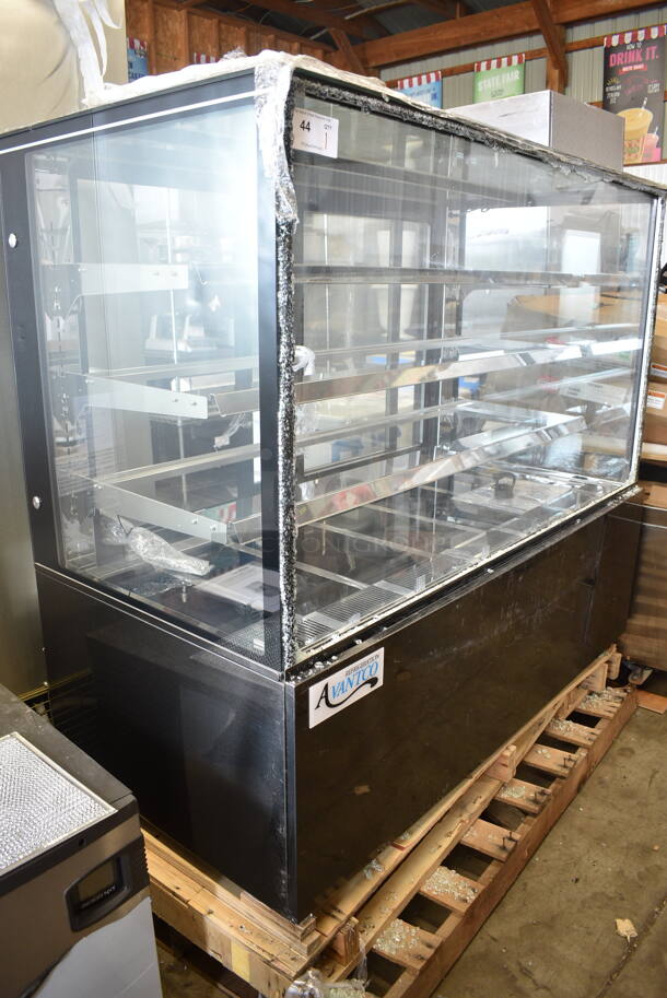 BRAND NEW SCRATCH AND DENT! Avantco 224BC60SB 60" Black Square Refrigerated Bakery Display Case with LED Lighting. See Pictures For Glass Damage. 115 Volts, 1 Phase. Tested and Powers On But Does Not Get Cold 