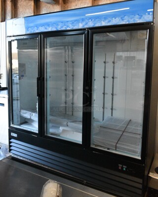 BRAND NEW SCRATCH AND DENT! 2024 Avantco 178GDC69HCB 78 1/4" Black Customizable Swing Glass Door Merchandiser Refrigerator with LED Lighting. See Pictures for Broken Glass. 115 Volts, 1 Phase. Tested and Working!