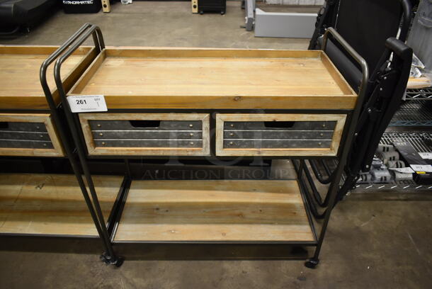 Wooden 2 Tier Cart w/ 2 Drawers and Metal Frame on Casters.