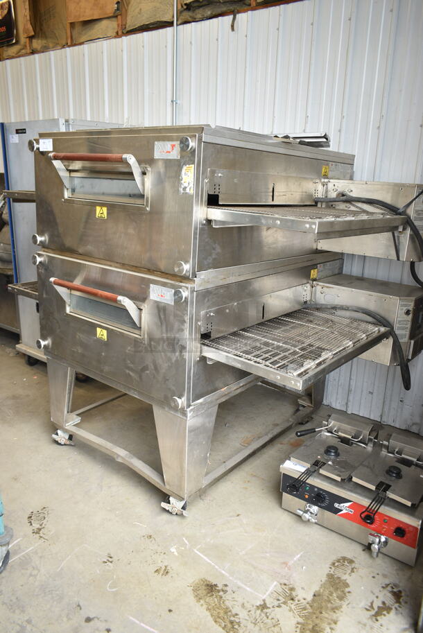 2 2017 XLT 3240B-EL-S4173 Stainless Steel Commercial Electric Powered Conveyor Pizza Ovens on Commercial Casters. 480 Volts, 3 Phase. 2 Times Your Bid! - Item #1117171