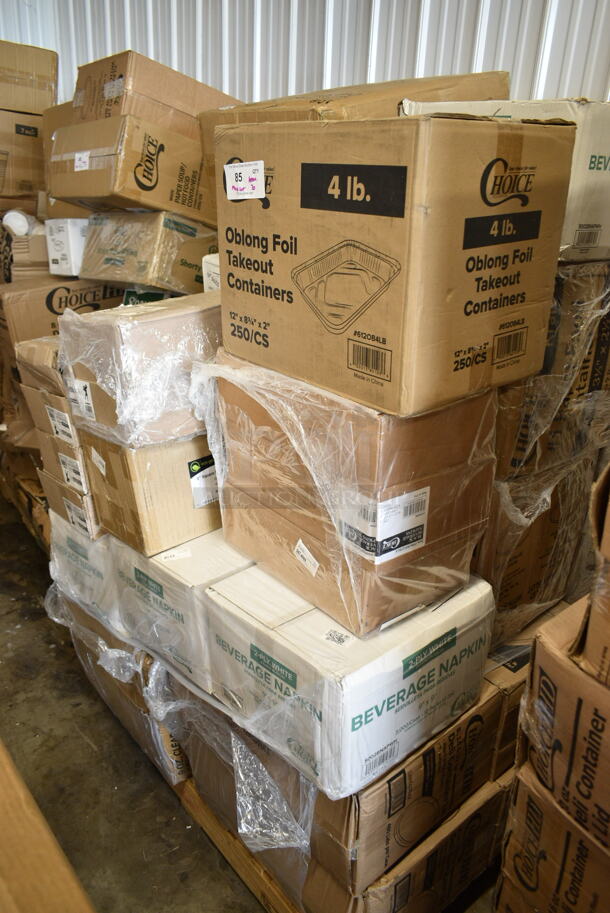 PALLET LOT of 30 BRAND NEW Boxes Including 2 Box 128HDLDBULK ChoiceHD Microwavable Translucent Plastic Deli Container Lid - 480/Case, 5002BNAPWH Choice 2-Ply White Beverage / Cocktail Napkin - 3000/Case, Choice Black Beverage Napkins, 612OB4LB Choice 4 lb. Oblong Foil Take-Out Container - 250/Case, 795PTOKFT1 Choice 4 5/8" x 3 1/2" x 2 1/2" Kraft Microwavable Folded Paper #1 Take-Out Container - 450/Case, 4 Box 130ROLLKFSSV Visions 17" x 17" Pre-Rolled Linen-Feel White Napkin and Silver Heavy Weight Plastic Cutlery Set - 100/Case, 500LFLAT Choice Clear Flat Lid with Straw Slot - 9, 12, 16, 20, and 24 oz. - 1000/Case, Bakers Lane Corrugated Cake Circles, Moist Towelettes, Choice Molded Fiber Cup Carrier, 4 Box 5013858HVY Lavex Hercules 55 Gallon 2 Mil 38" x 58" Low Density Heavy-Duty Black Can Liner / Trash Bag - 50/Case. 30 Times Your Bid!