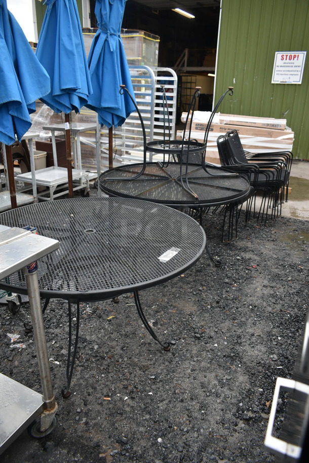 ALL ONE MONEY! Lot of 3 Black Metal Mesh Round Patio Tables w/ 10 Black Metal Mesh Patio Chairs.