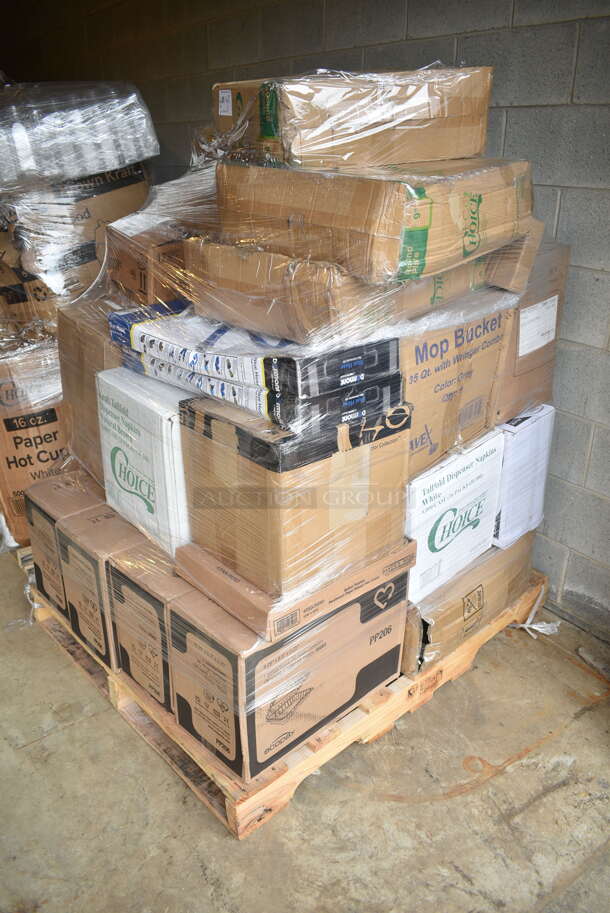 PALLET LOT of 33 BRAND NEW Boxes Including MP6(LFGB) American Metalcraft MP6 Endurance 5 7/8" Round Melamine Plate, 2 Box 966TALLFLDB Choice White Tall-Fold 6" x 13" Dispenser Napkin - 8000/Case, 433QLINER2 Baker's Mark 12" x 16" Half Size Quilon® Coated Parchment Paper Bun / Sheet Pan Liner Sheet - 1000/Case, 4 Box PP206 Ecopax 9" x 6" 1-Compartment Microwaveable White Mineral-Filled Plastic Hinged Take-Out Container - 150/Case, 2 Box 3201650KIT48 Dormont 48" Gas Hoses, 177200900019 Avantco 177200900019 6" - 7" Adjustable Legs for FF40, FF50, FF100, FBF2424, and FBF1824, 395RP09 EcoChoice No PFAS Added 9" Natural Bagasse Blend Plate - 500/Case, Genpak 26600 13" x 4 1/2" x 3" White Extra Large Hinged Lid Foam Hoagie / Sub Container - 200/Case, 130HCLCUTFW Visions Individually Wrapped Clear Heavy Weight Plastic Fork - 1000/Case, 5 BoxRubbermaid FG634200SILV 12 1/2" Yellow Polypropylene Counter Brush. 33 Times Your Bid! 