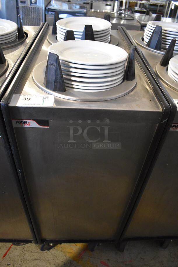 APW Wyott ML2-9-5P Stainless Steel Commercial 2 Well Plate Dispenser w/ 9" Plates on Commercial Casters. 15.5x301x42