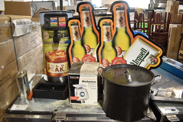 7 Various Items Including WB-RT-4-N Beverage Holder Dispenser, Signs, Taylor Scale, Metal Pot w/ Lid, Spatula. 7 Times Your Bid!