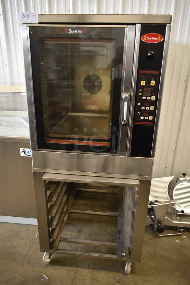 2018 Sun-Mate SCVE-6C-ST Stainless Steel Commercial Natural Gas Powered Convection Oven on Pan Rack w/ Commercial Casters. 110 Volts, 1 Phase.