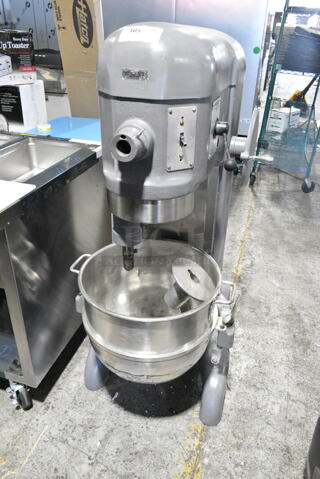 Hobart H-600 Metal Commercial Floor Style 60 Quart Planetary Dough Mixer w/ Metal Mixing Bowl and Dough Hook Attachment. 208 Volts, 3 Phase. 