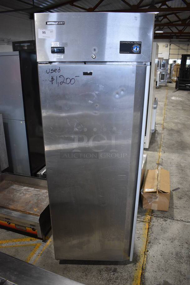 Hoshizaki Model CR1B-FSL Stainless Steel Commercial Single Door Reach In Cooler w/ Poly Coated Racks on Commercial Casters. 115 Volts, 1 Phase. 27.5x34x79. Tested and Working!