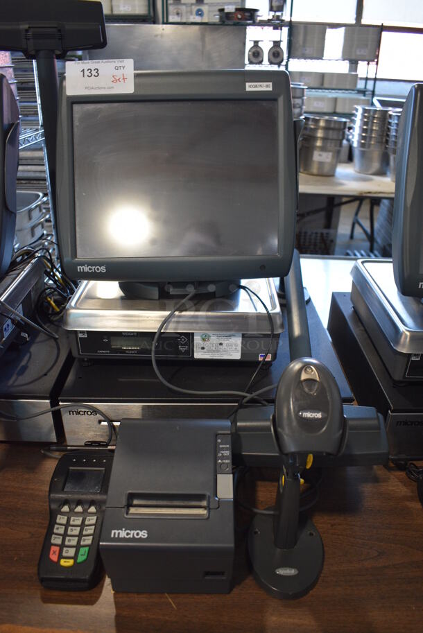 Micros 15" POS Monitor, NCI Food Portioning Scale, Metal Cash Drawer, Epson Model M129H Receipt Printer, Credit Card Reader and Barcode Scanner.