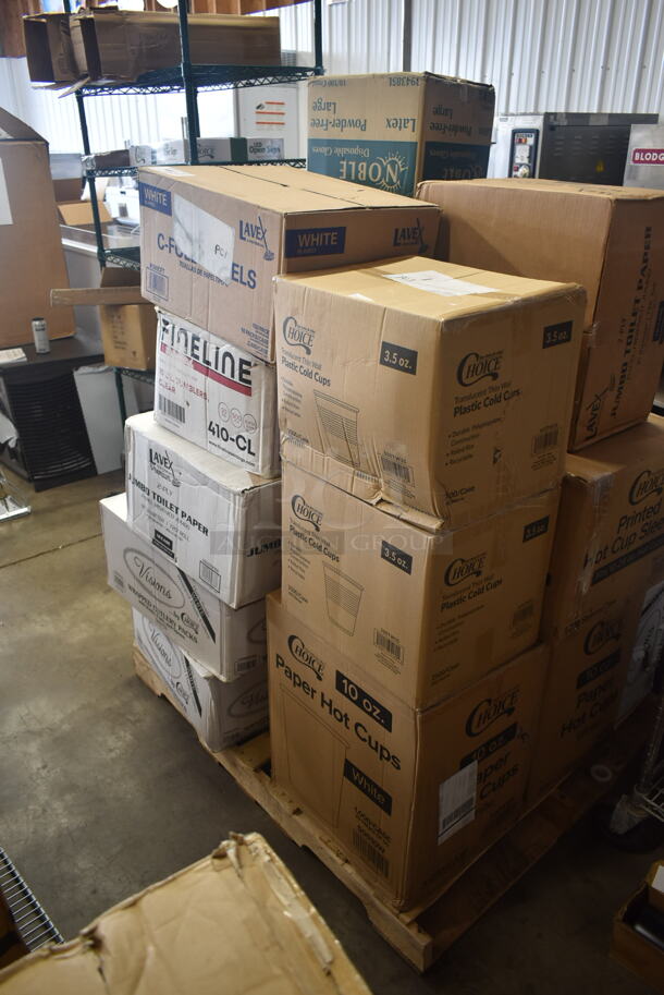 PALLET LOT of 18 Boxes of BRAND NEW Paper Products Including 2 Box of 500TW35 Choice 3.5 oz. Translucent Thin Wall Plastic Cold Cup - 2500/Case, 50010W Choice Paper Hot Cups, 2 Box of Visions White Wrapped Plastic Cutlery Pack with Napkin and Salt and Pepper Packets - 500/Case, Fineline 410-CL  Savvi Serve 410-CL 10 oz. Tall Clear Hard Plastic Tumbler - 500/Case, Lavex 500CFT White C-Fold Standard Weight Towel - 2400/Case, Noble 394385L White Powder-Free Disposable Latex Gloves for Foodservice - Large - 1000/Case, Choice 10-24 oz. Printed Coffee Cup Sleeve / Jacket / Clutch - 1200/Case. 18 Times Your Bid!
