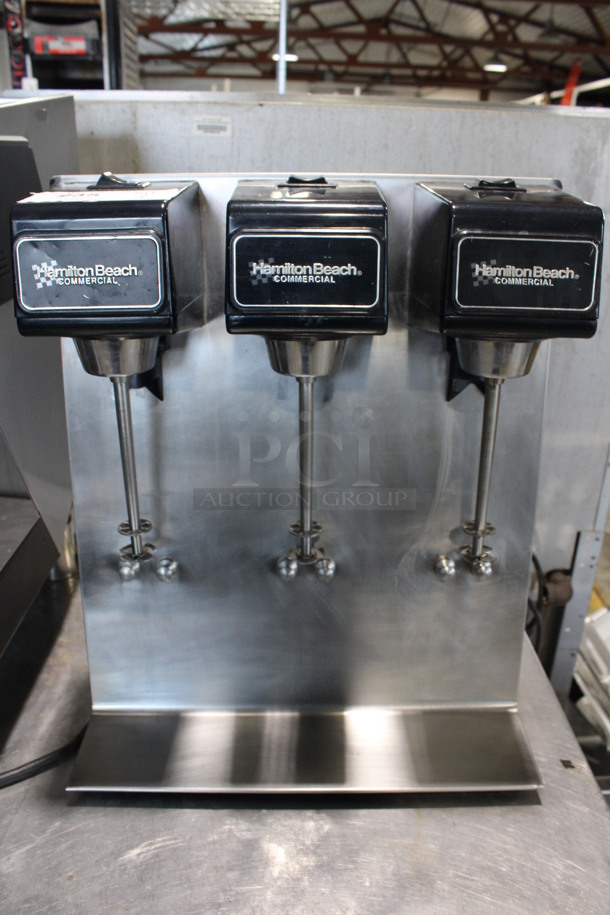 Hamilton Beach Model 950 Stainless Steel Commercial Countertop 3 Head Milkshake Mixer. 120 Volts, 1 Phase. 16.5x8x20. Tested and Two Heads Are Working But Center Head Does Not Power On