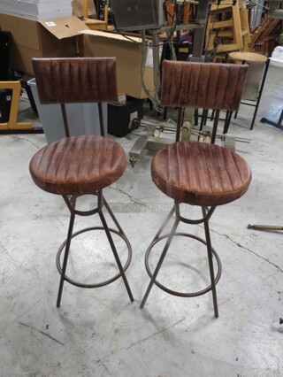 Vintage Metal Bar Stool With Well Worn Leather Look Cushioned Seat And Back And Footrest. 2XBID