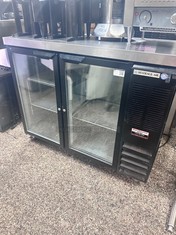 Late Model Beverage-Air BB48HC-1-G-B-27 48 inch Black Counter Height Glass Door Back Bar Refrigerator Tested and Working