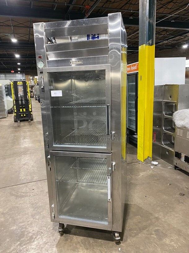 Traulsen Stainless Steel Commercial 2 Half Size Reach In Cooler Merchandiser w/ Metal Racks on Commercial Casters! - Item #1116333