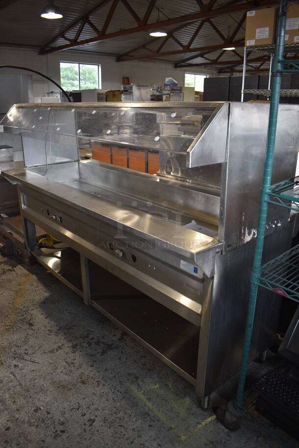 Stainless Steel Commercial Floor Style Natural Gas Powered Steam Table w/ Sneeze Guard. 82.5x33.5x56